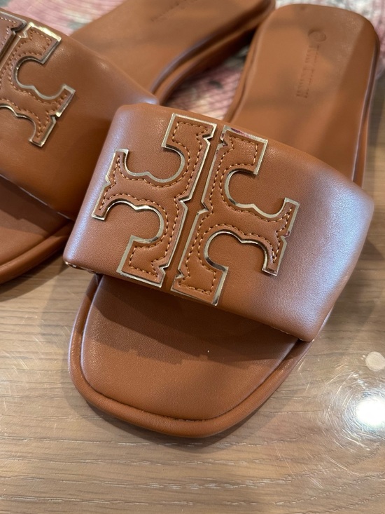Tory Burch Shoes - Tory Burch Cognac Leather Logo Slide Sandals